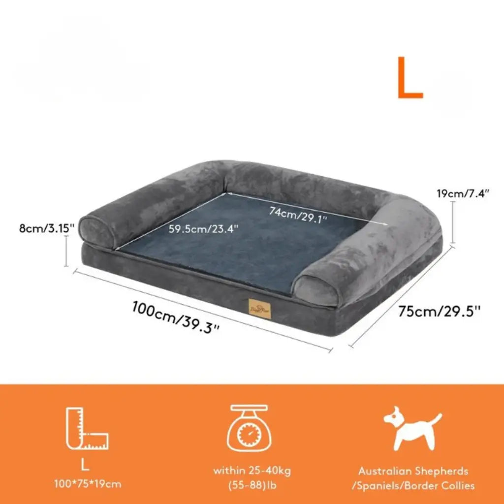Gray pet bed with dimensions on a white background