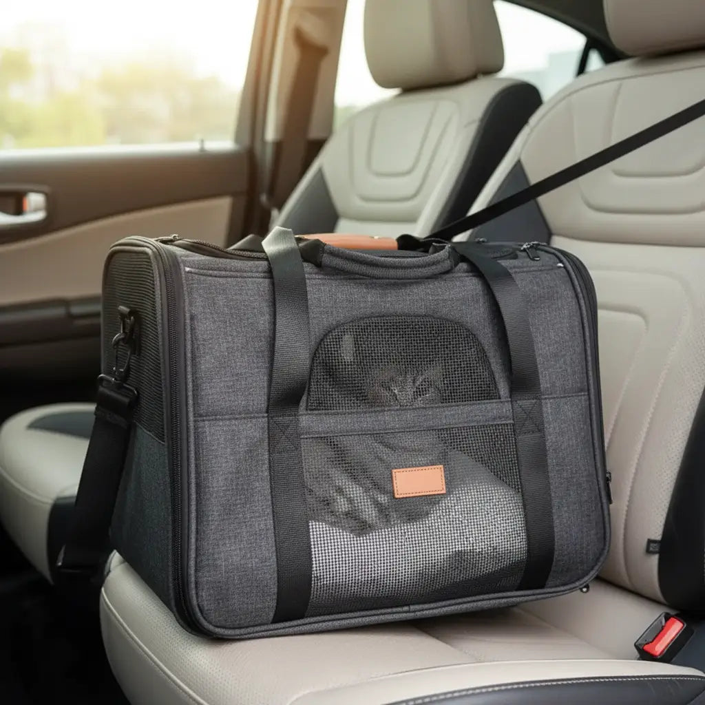 Gray pet carrier on a car seat with a blurred background