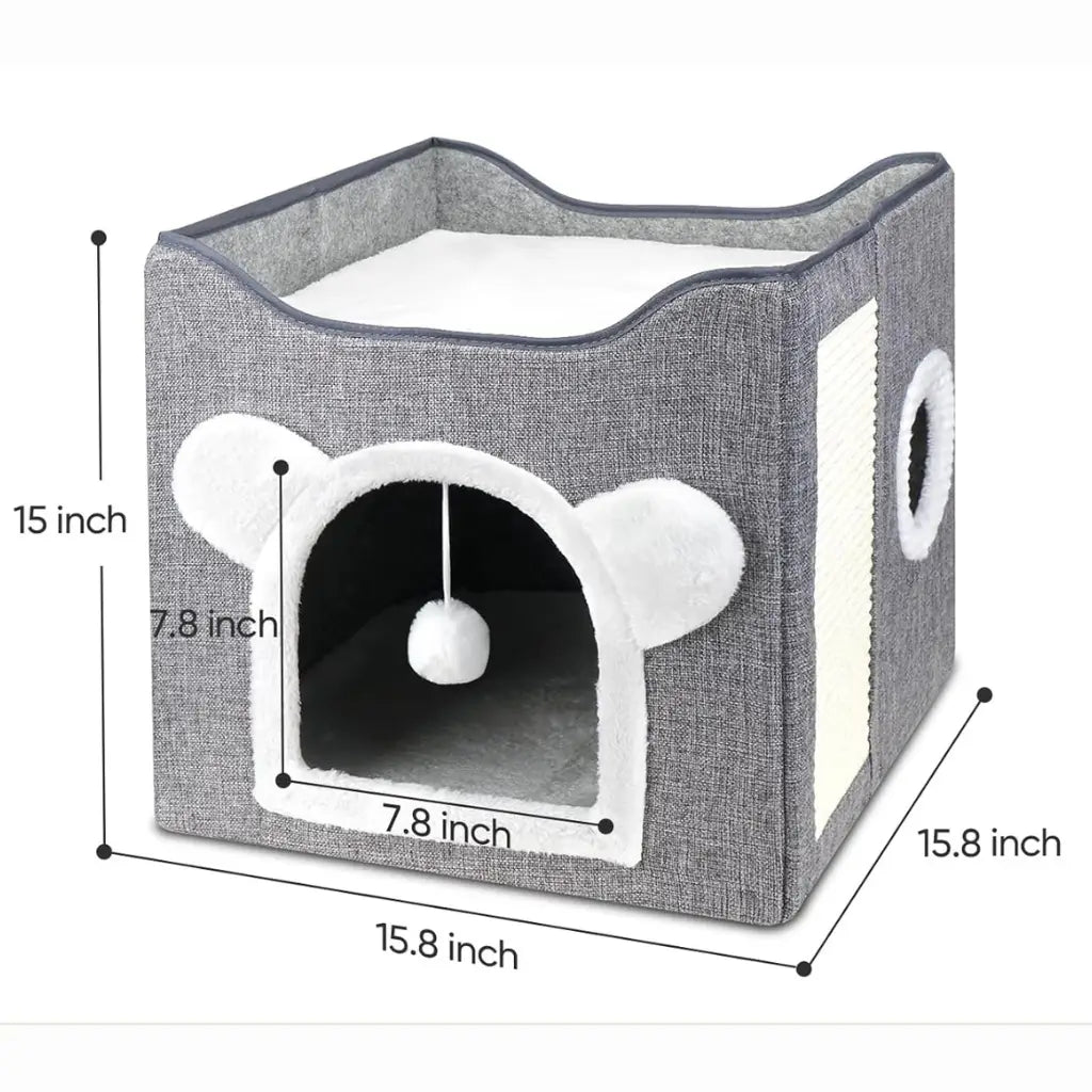 Gray pet house with dimensions labeled on a white background