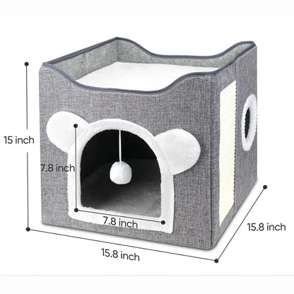 Gray pet house with dimensions labeled on a white background
