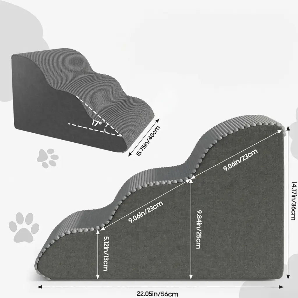 Gray pet ramp with measurements on a white background