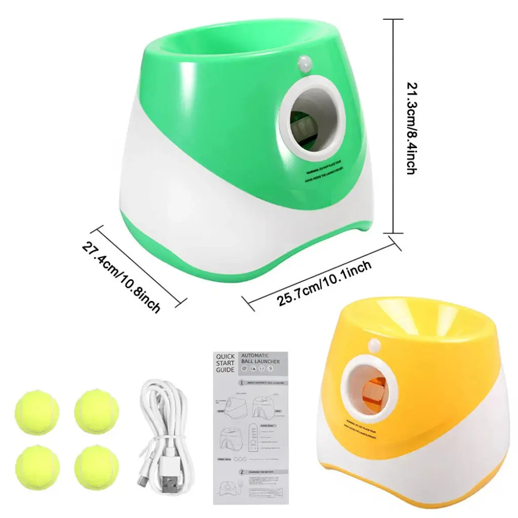 Green and yellow ball launchers with tennis balls, cable, and manual on a white background