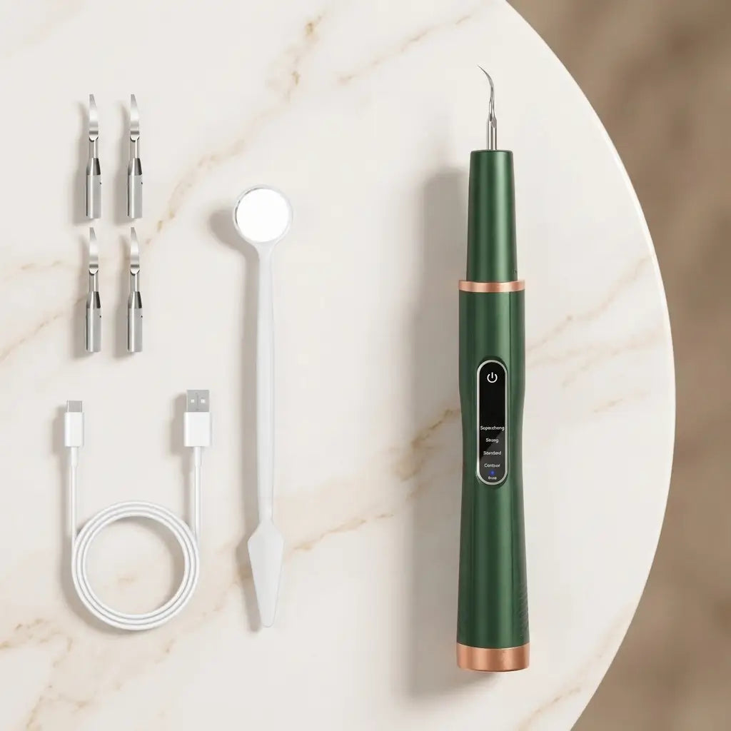 Green dental tool with attachments on a marble surface