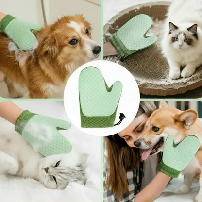 Green grooming gloves being used on a dog, cat, and person, with close-ups of the gloves