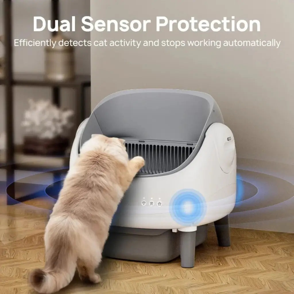 Grey and white self cleaning cat litter box with dual sensor protecton