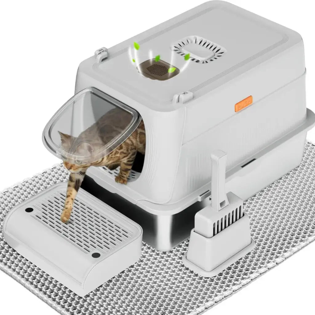 Grey cat litterwith a cat litter box peeking through on a white background