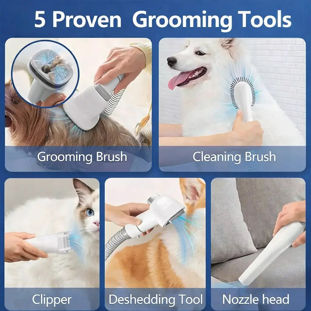 Grooming tools for pets including a grooming brush, cleaning brush, clipper, deshedding tool, and nozzle head all in one device