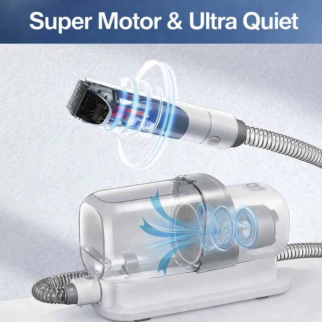 Hair trimmer with 'Super Motor & Ultra Quiet' text on a light gray background