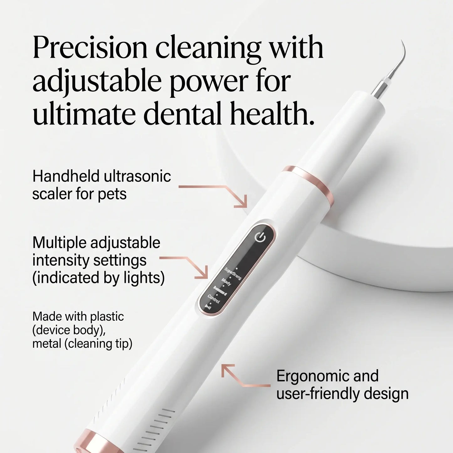 Handheld ultrasonic tartar remover for pets with text highlighting features on a white background
