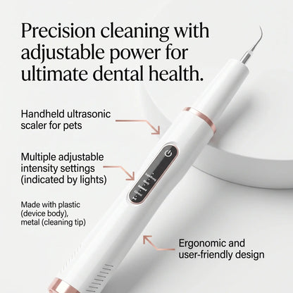 Handheld ultrasonic tartar remover for pets with text highlighting features on a white background