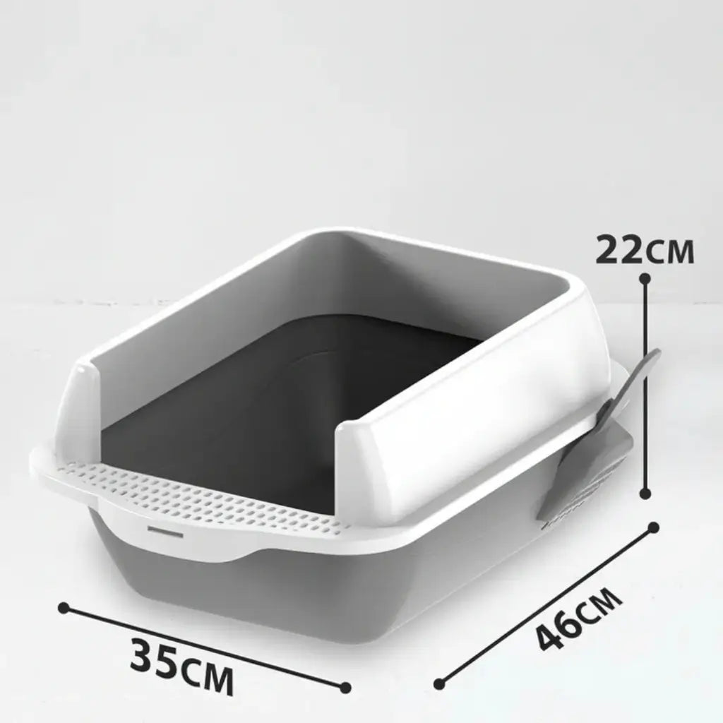 Hexagonal pet litter box with dimensions labeled on a white background