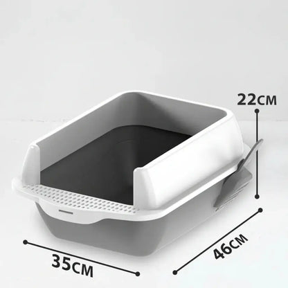 Hexagonal pet litter box with dimensions labeled on a white background