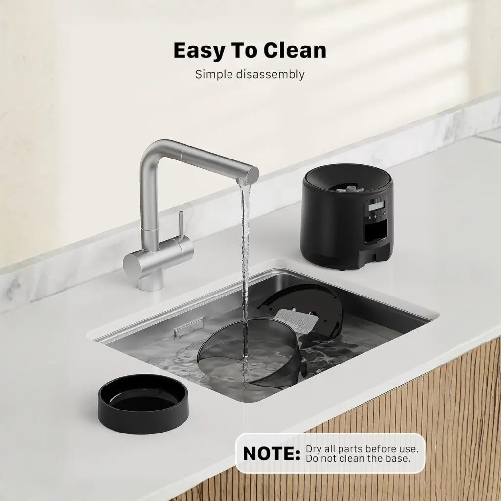 Kitchen sink with water flowing, black cat feederon counter, and text 'Easy To Clean' and 'Simple disassembly'