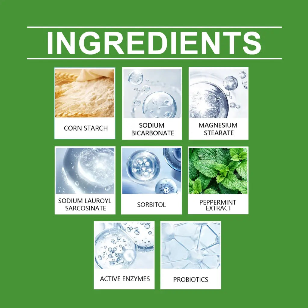List of dog dental powder ingredients with corresponding images and names on a green background