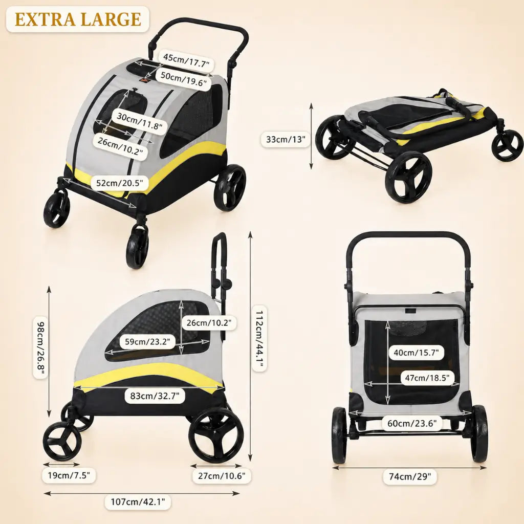 Measurement chart of a extra large sized pet stroller with dimensions labeled.