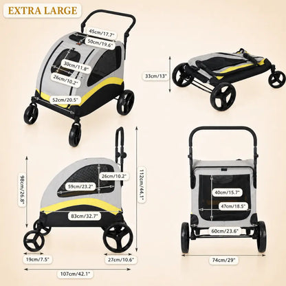 Measurement chart of a extra large sized pet stroller with dimensions labeled.