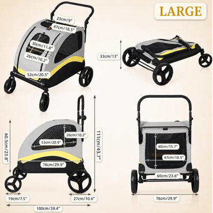 Measurement chart of a large sized pet stroller with dimensions labeled.