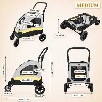 Measurement chart of a medium-sized pet stroller with dimensions labeled.