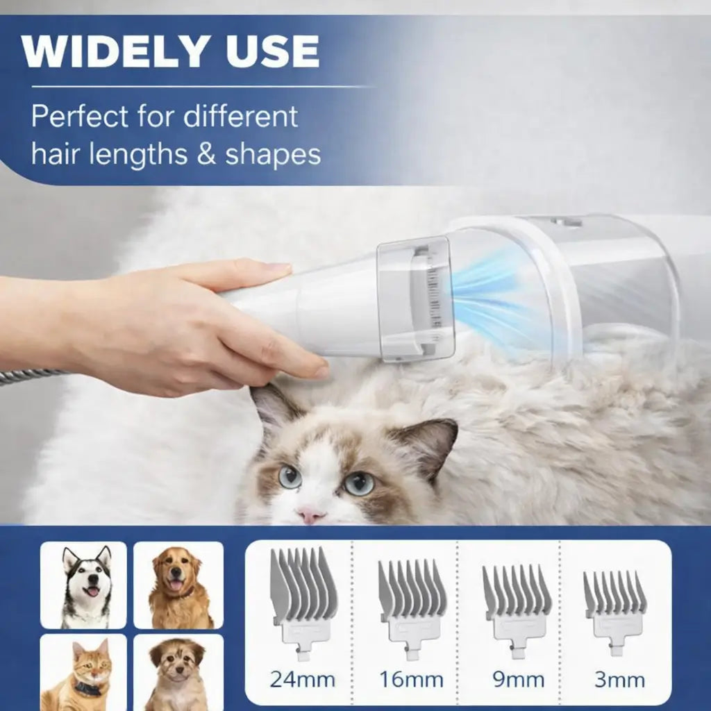 Person using a pet grooming tool on a cat with product features displayed below