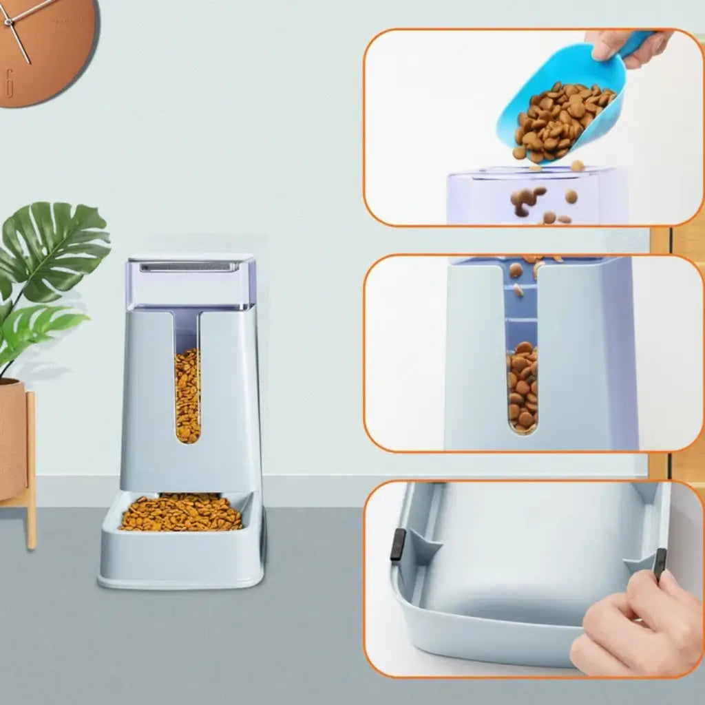 Pet feeder with food being added and dispensed, on a light gray background