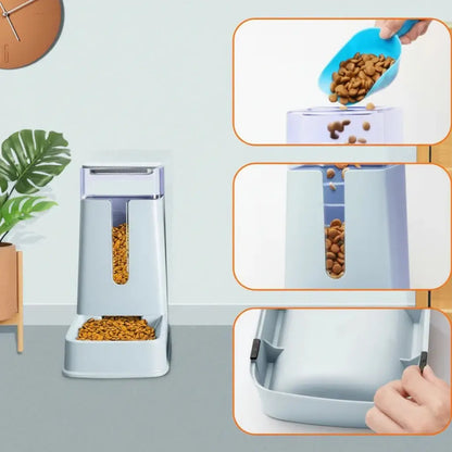 Pet feeder with food being added and dispensed, on a light gray background