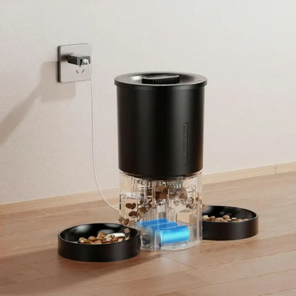 Pet feeder with two food bowls on a wooden floor