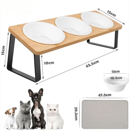 Pet feeding station with dimensions and additional pet-related items on a white background