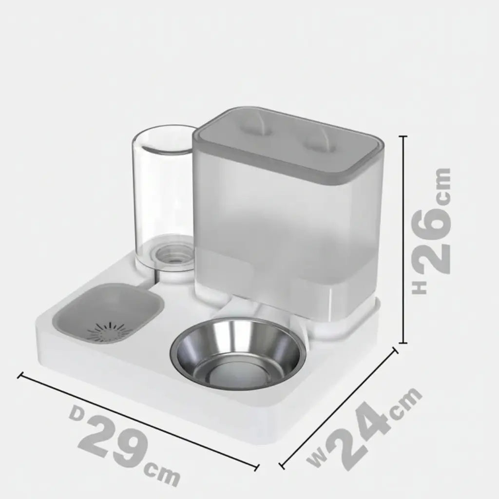 Pet feeding station with dimensions on a white background