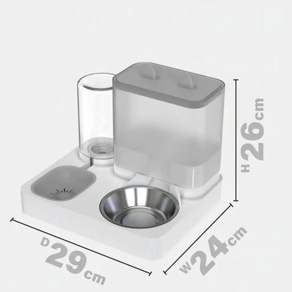 Pet feeding station with dimensions on a white background