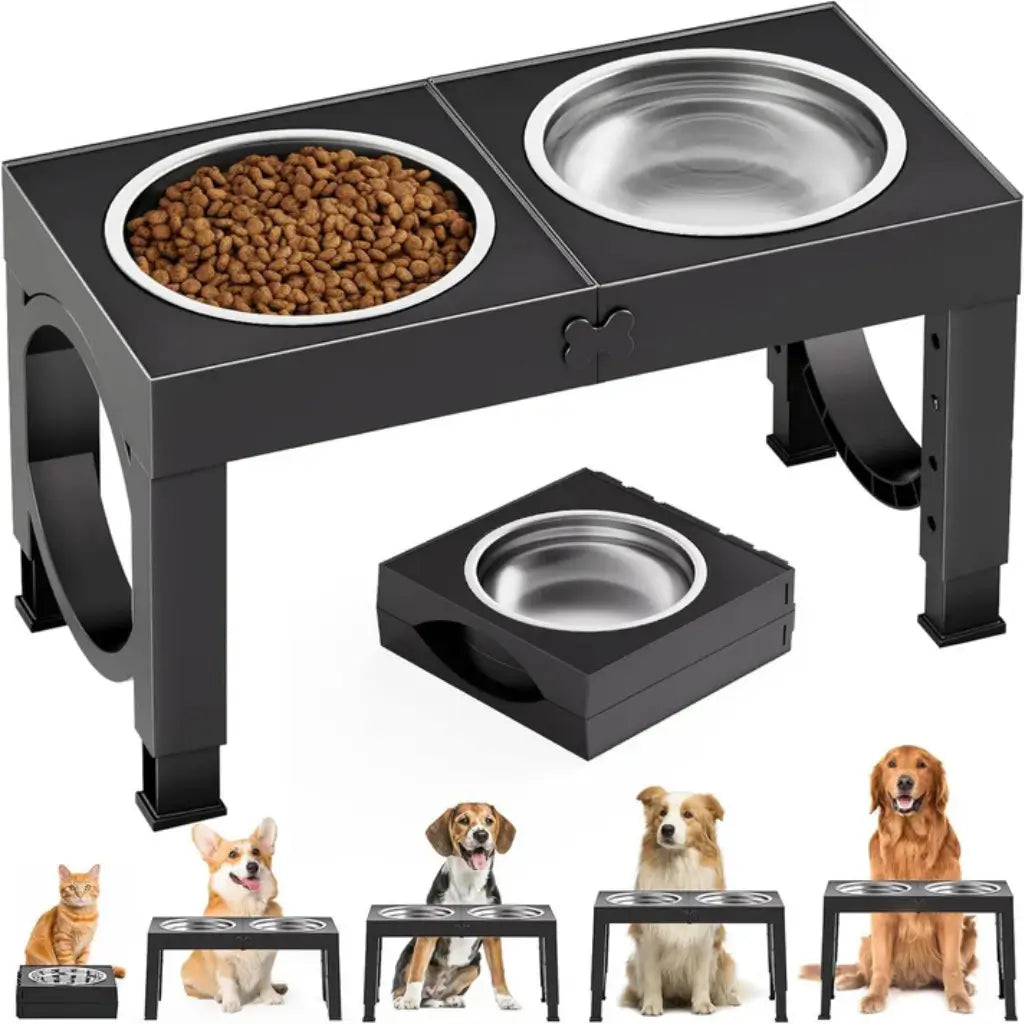 Pet feeding station with elevated bowls for pets, showing different angles and a variety of dogs
