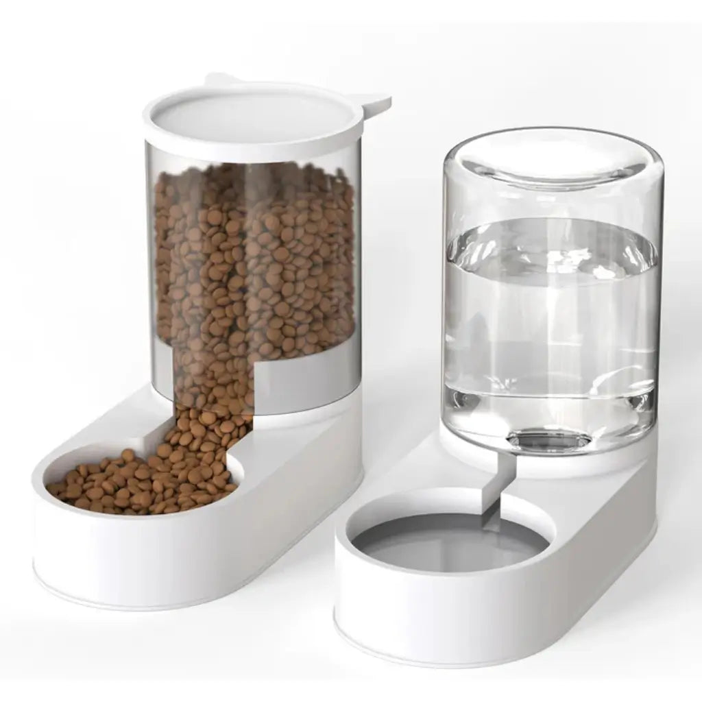 Pet food and water dispenser with glass container on a white background