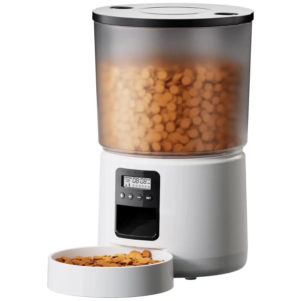 Pet food dispenser with a digital display and a bowl of pet food on a white background