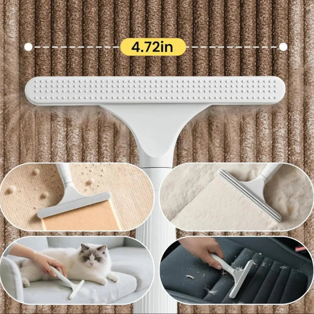 Pet grooming tool with measurements and usage examples on a textured surface