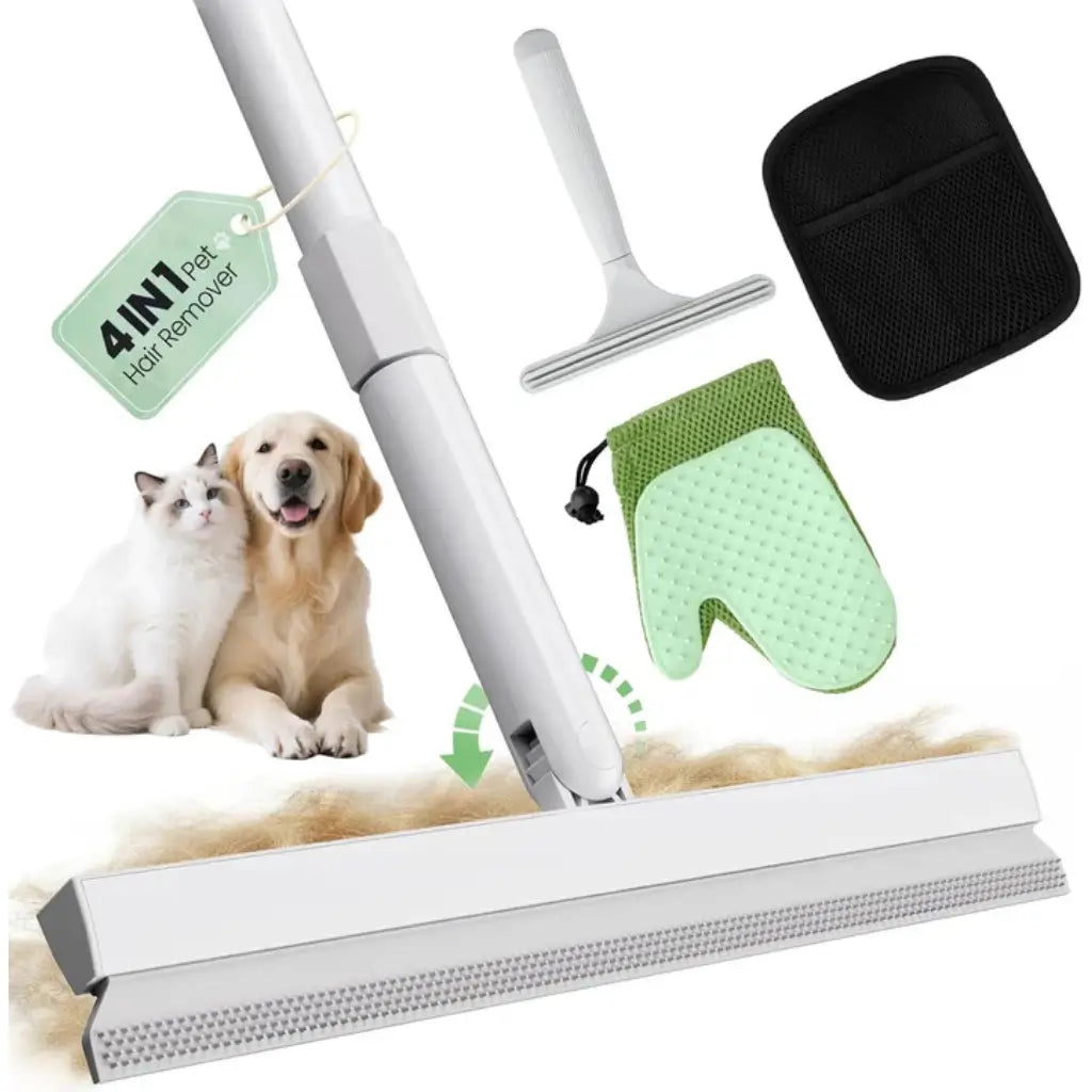 Pet hair removal tool set with a squeegee, brush, and mitt on a white background