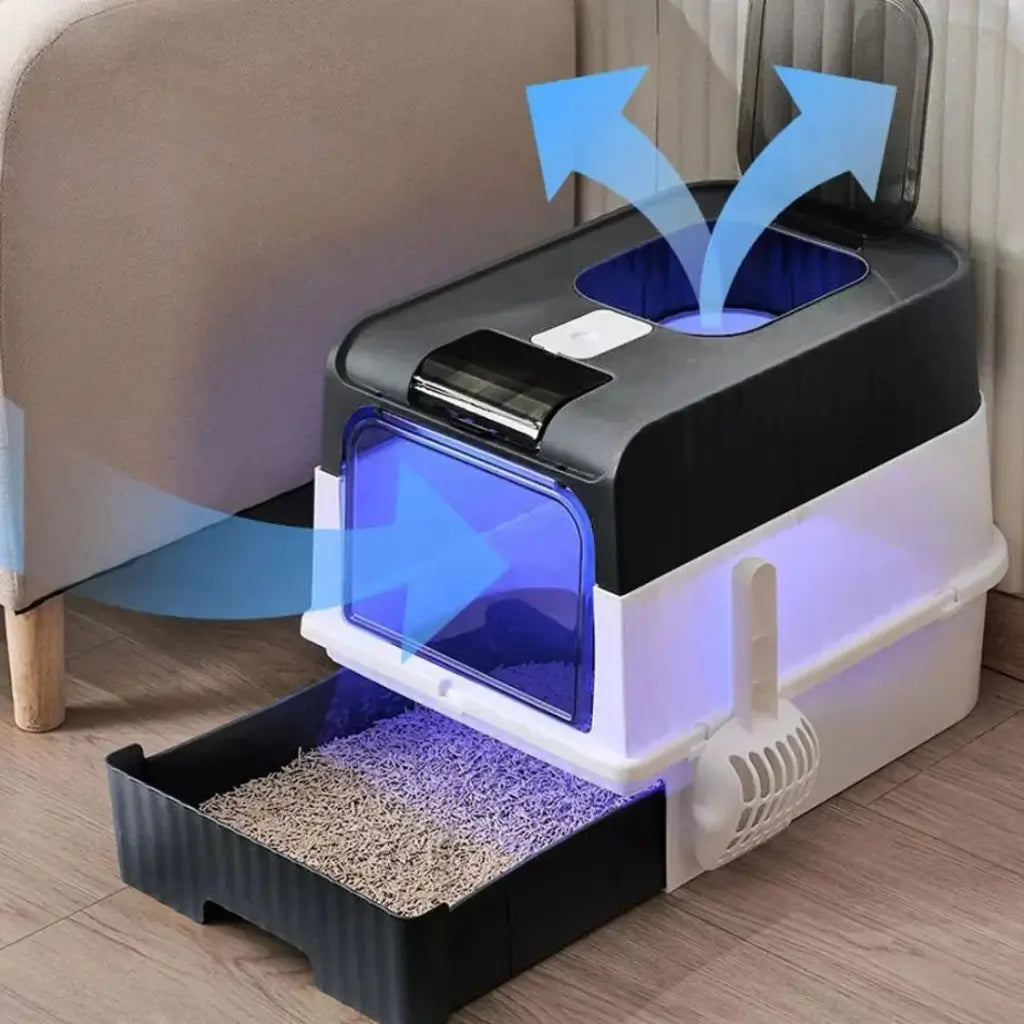 Pet litter box with blue arrows indicating airflow, placed on a wooden floor.
