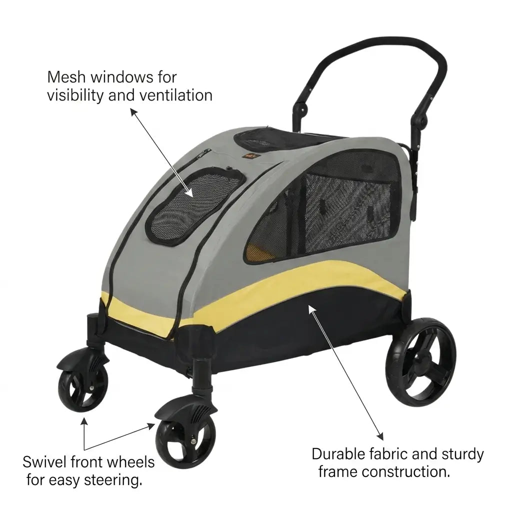Pet stroller with features highlighted on a white background