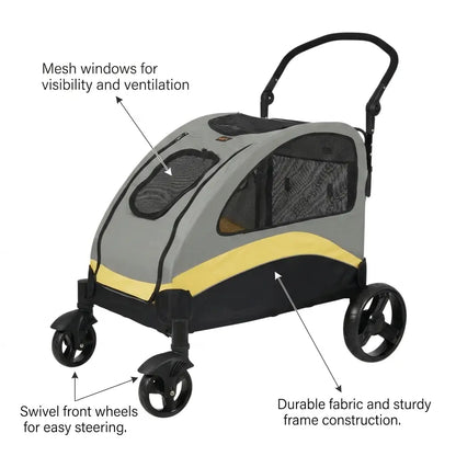 Pet stroller with features highlighted on a white background