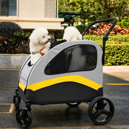 Pet stroller with two white dogs on a city street