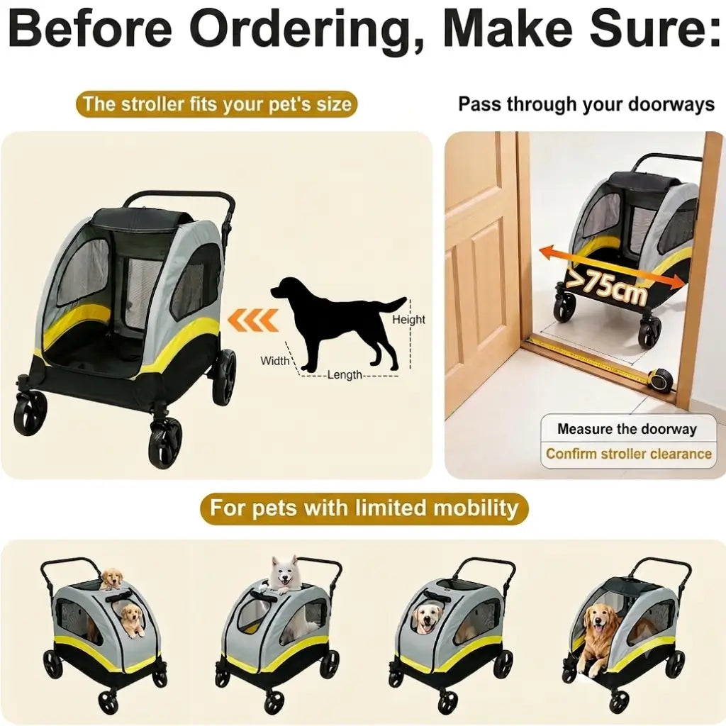 Pet stroller with usage instructions and illustrations of a dog inside.