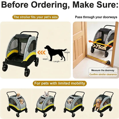 Pet stroller with usage instructions and illustrations of a dog inside.