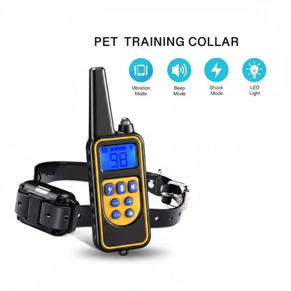 Pet training collar with digital display and mode buttons on a white background