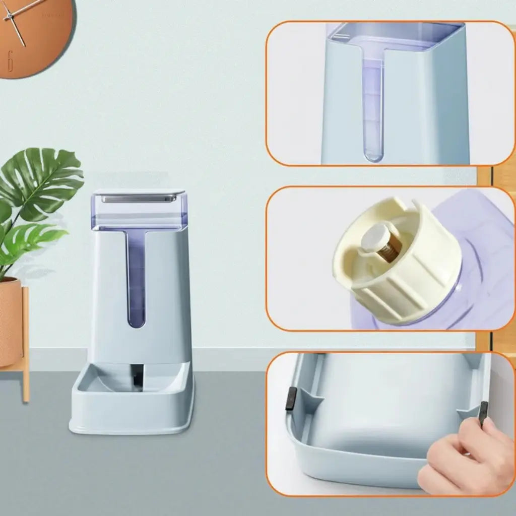 Pet water dispenser with close-up details on a light blue background