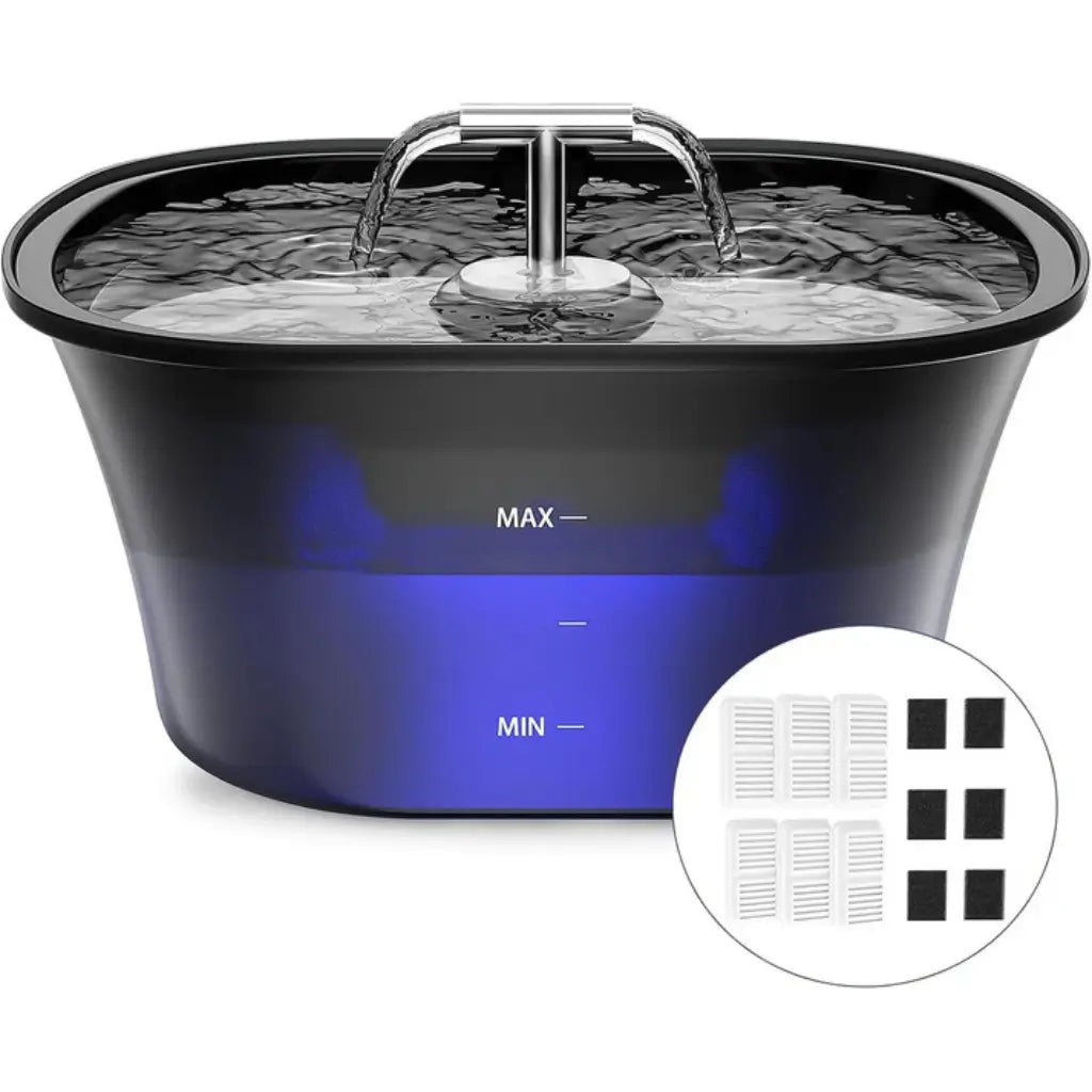 Pet water fountain with black top and a pack of filters, showing water level indicator.