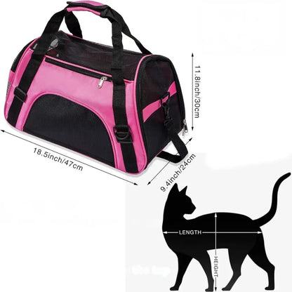 Pink and black pet carrier with dimensions and a silhouette of a cat for scale