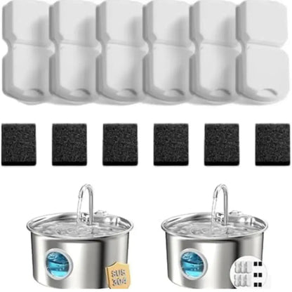 Set of 6 filters and 6 sponges with two silver water dispensers on a white background
