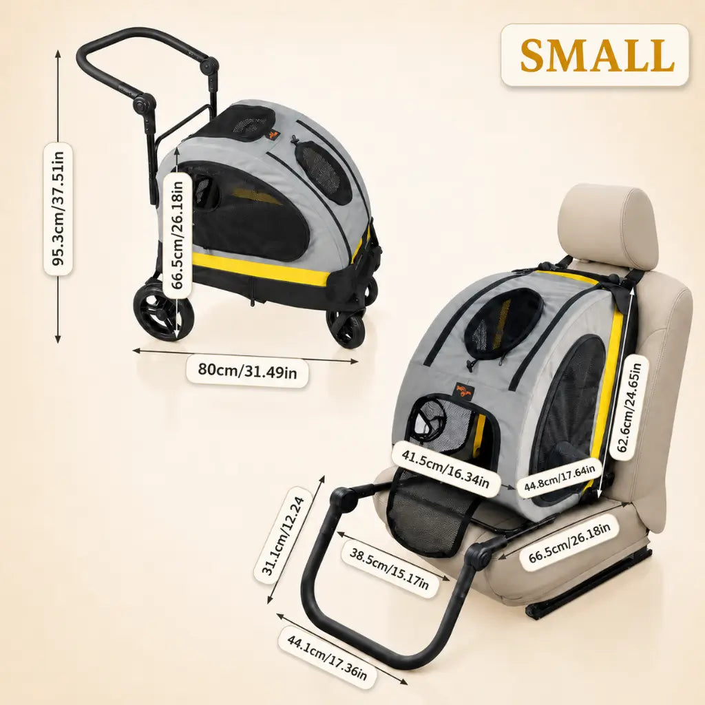 Small Pet stroller with dimensions labeled on a beige background