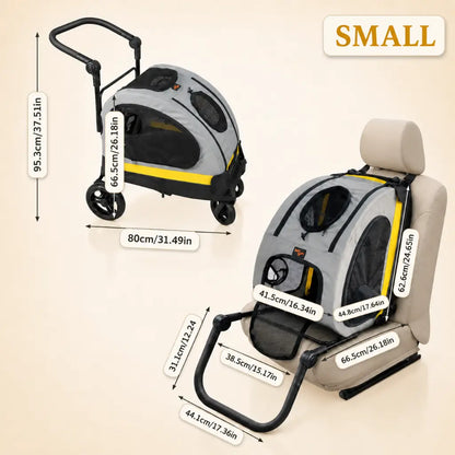 Small Pet stroller with dimensions labeled on a beige background
