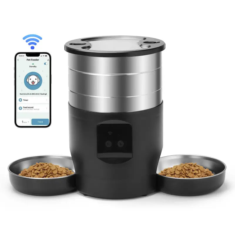 Smart pet feeder with two bowls of food and a smartphone app displayed on a white background