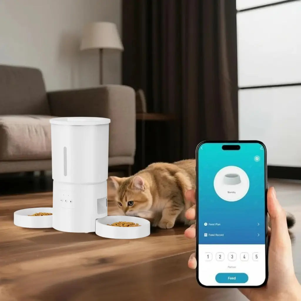 Smart  white pet feeder with a cat eating and a phone app displayed
