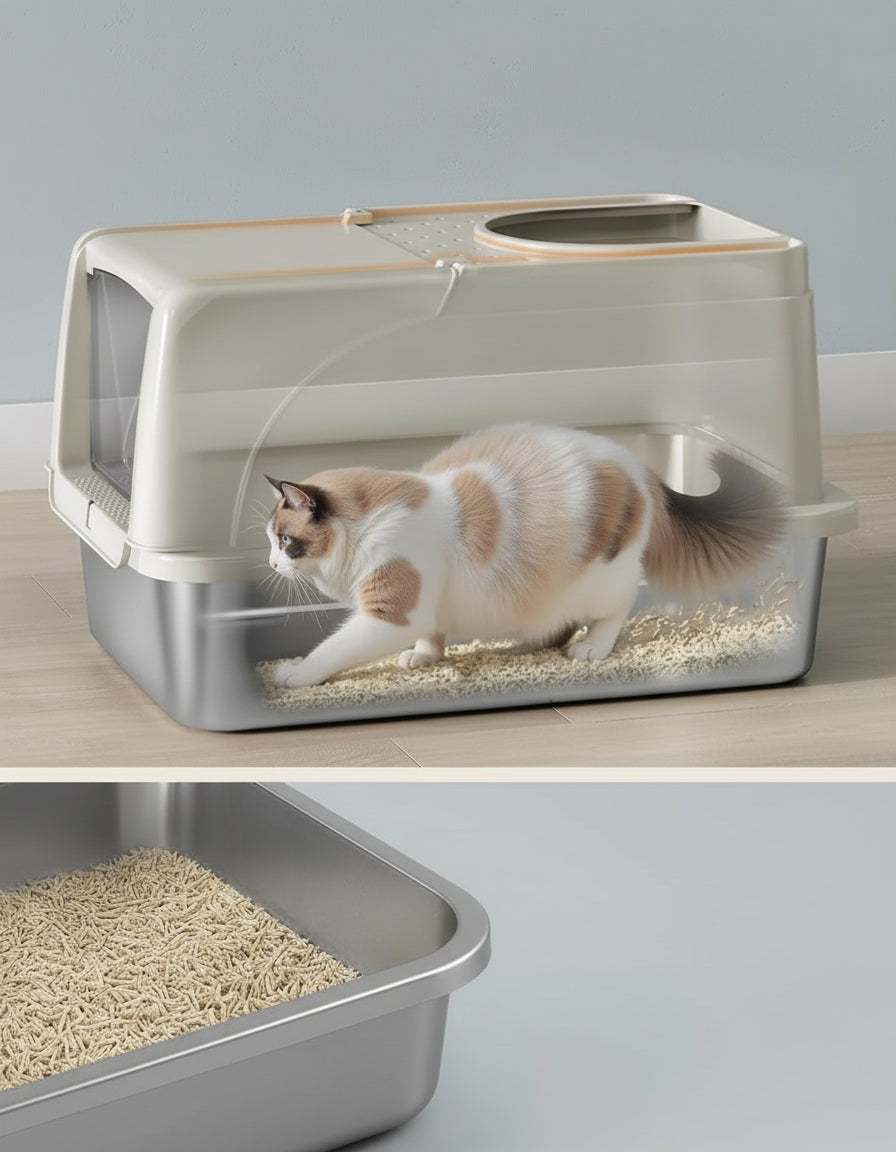 Stainless Steel Cat Litter Box with Flip Lid, XL Enclosed Litter Box with Leak-Proof Design, Scoop, Brush, Dual Entry, for Cats up to 15 kg, Cappuccino Beige PPT005K01